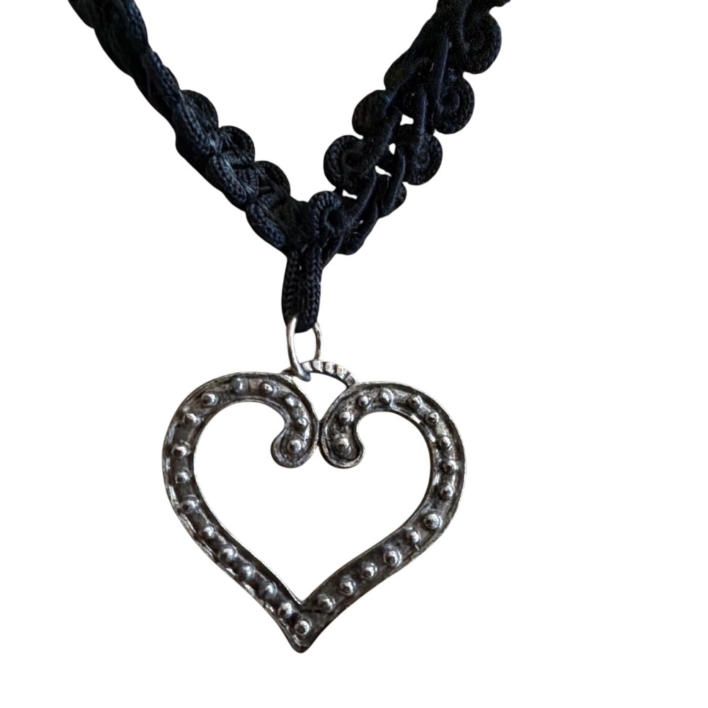 Black Braided Cord Choker Silver Tone Heart Pendant Gothic Boho Necklace Goth